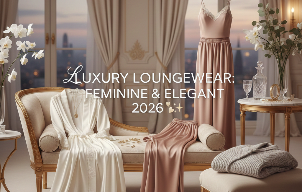 A high-end penthouse interior featuring silk robes and satin loungewear displayed on a cream chaise lounge, with the text "Luxury Loungewear: Feminine & Elegant 2026" centered in the frame.