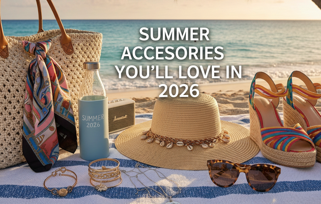 A collection of trendy 2026 summer accessories including a woven tote, straw hat, colorful wedge sandals, and tortoise-shell sunglasses arranged on a striped beach towel with a tropical ocean backdrop.