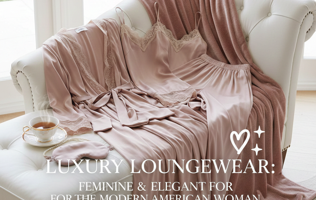 Elegant silk and lace loungewear set in dusty rose draped over a white tufted chaise lounge with a tea cup and silk eye mask.