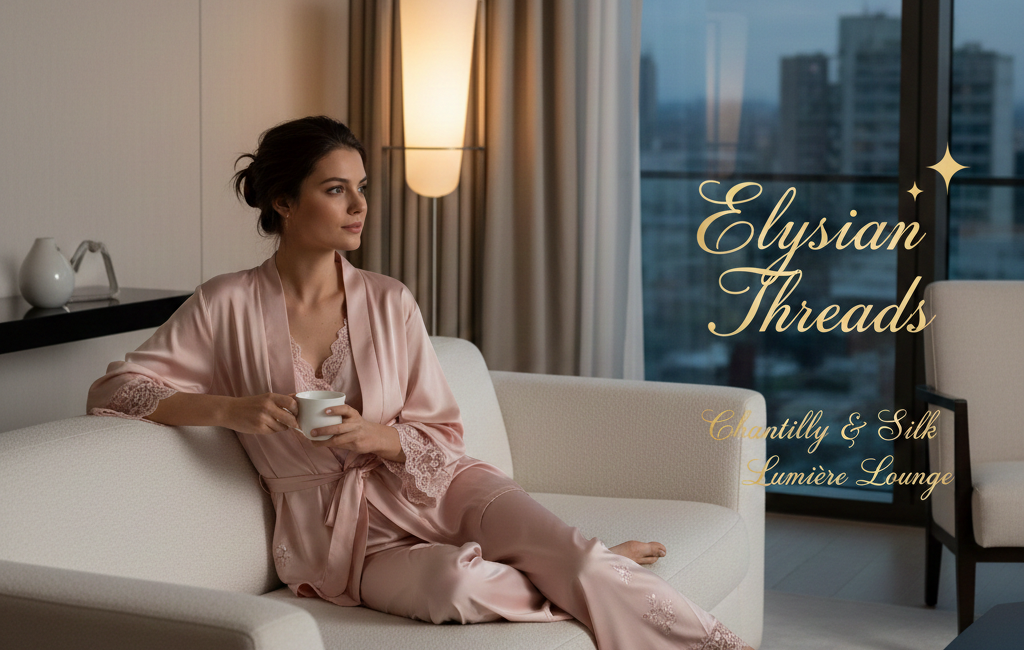 A woman in an elegant silk pink robe sitting on a white sofa in a luxury high-rise apartment, with the text "Elysian Threads" and brand name ideas on the right.