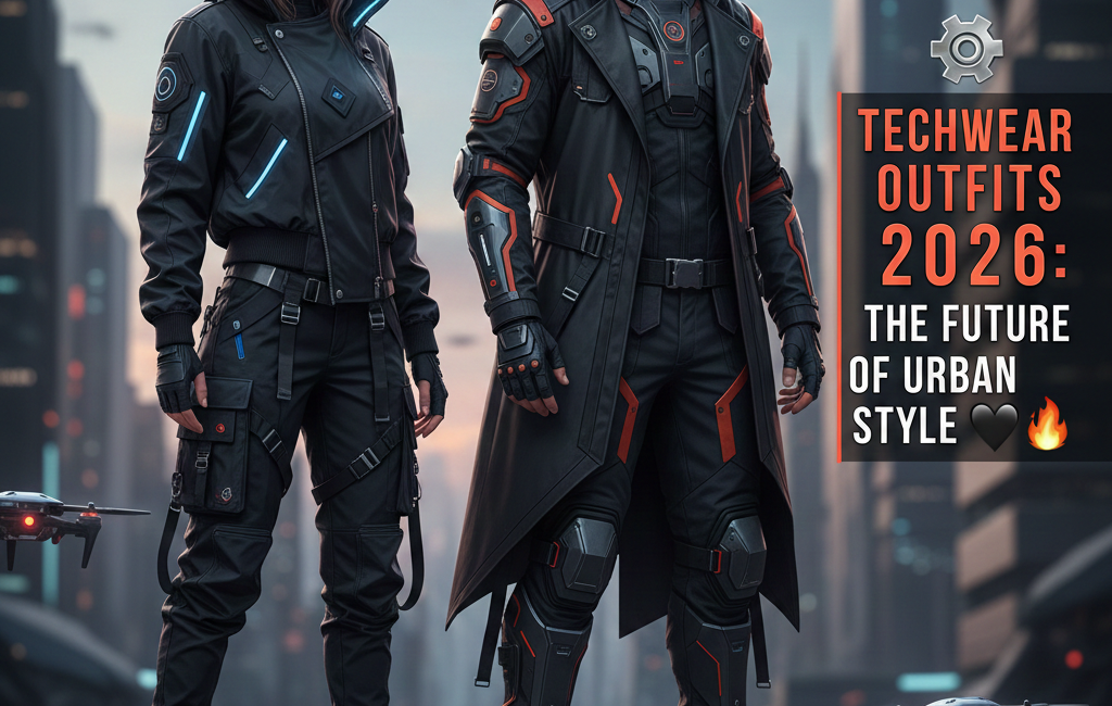 Two models wearing futuristic black techwear with neon accents and tactical gear in a cyberpunk city with drones.