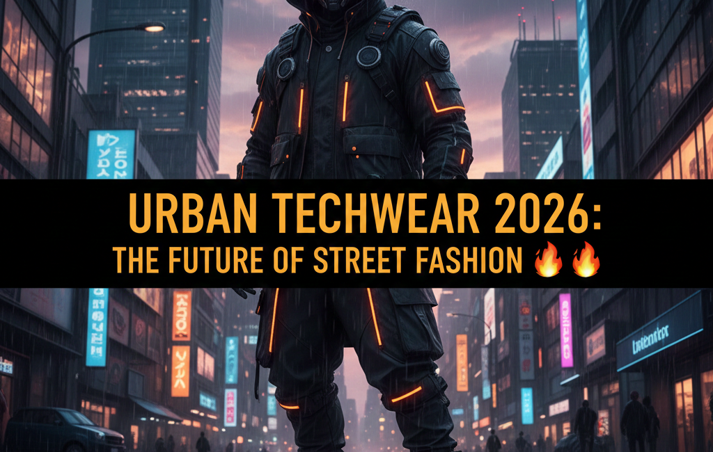 A person standing in a rain-slicked futuristic city street wearing advanced black techwear with glowing orange accents, a hood, and a mechanical face mask. The title text is centered in a bold black bar.