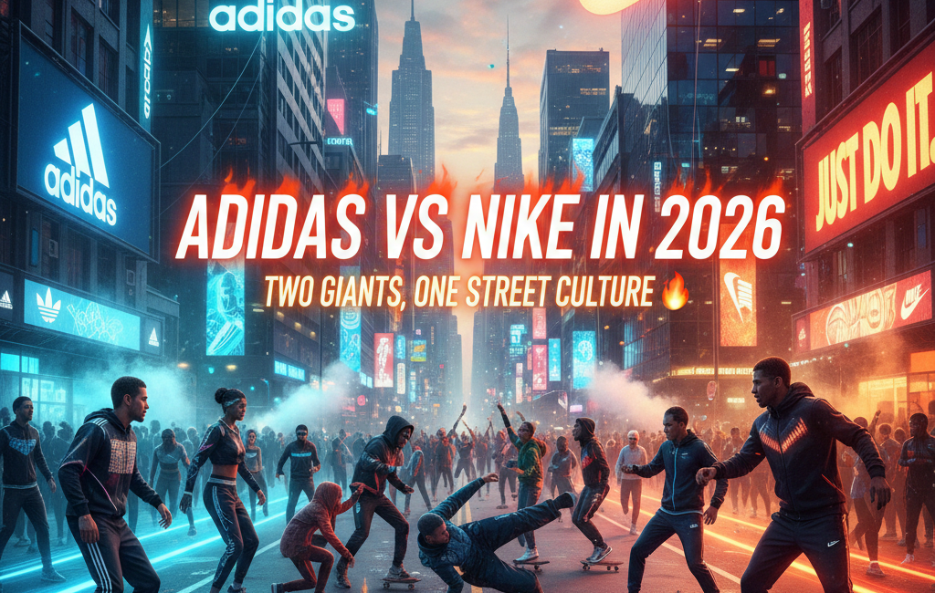 A futuristic city street split between Adidas and Nike branding, featuring breakdancers and skaters in techwear under glowing neon billboards.