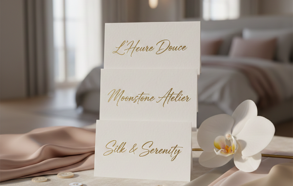 Three cream-colored cards with gold script lettering displaying brand names "L'Heure Douce," "Moonstone Atelier," and "Silk & Serenity" resting on a velvet surface with a white orchid and silk fabric.