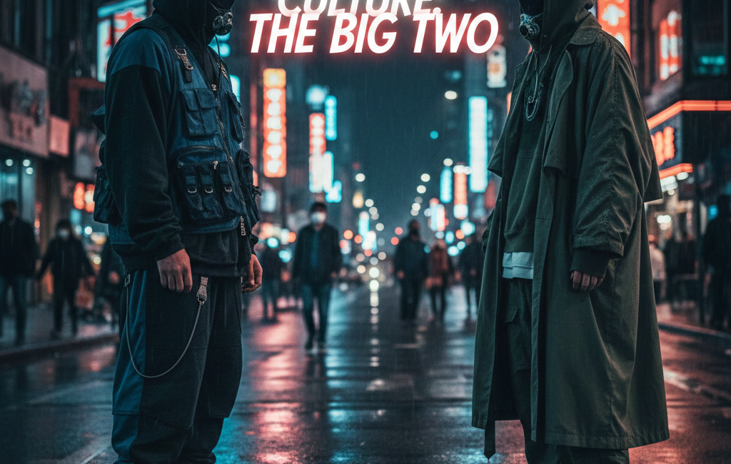 Two people in high-fashion streetwear standing face-to-face on a rain-slicked neon street in a cyberpunk city setting.