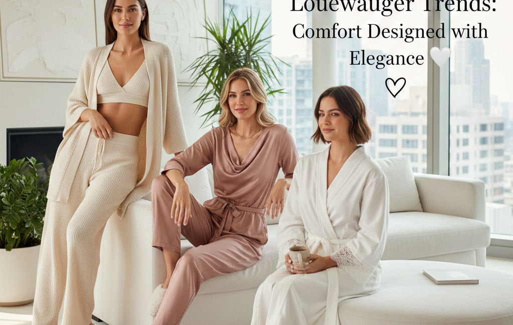 Three women showcasing 2026 loungewear trends including a ribbed knit set, a silk mauve jumpsuit, and a white lace-trim robe in a modern high-rise apartment.