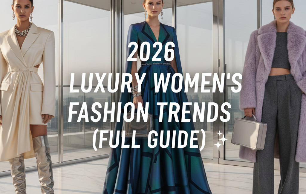 Three models in high-fashion 2026 luxury wear: a cream cutout blazer dress, a structured teal cape gown, and a lavender faux-fur coat with grey trousers. Overlay text reads "2026 Luxury Women’s Fashion Trends (Full Guide) ✨".