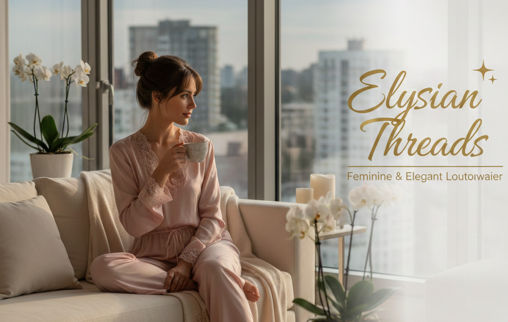 A woman sitting on a white sofa in a luxury high-rise apartment, wearing pink silk loungewear with lace trim. On the right side of the image, gold text reads "Elysian Threads: Feminine & Elegant Loungewear."