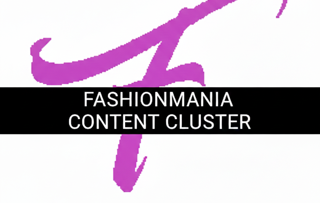 A purple stylized letter F logo on a white background with a black horizontal banner across the center featuring the text FASHIONMANIA CONTENT CLUSTER in white capital letters.
