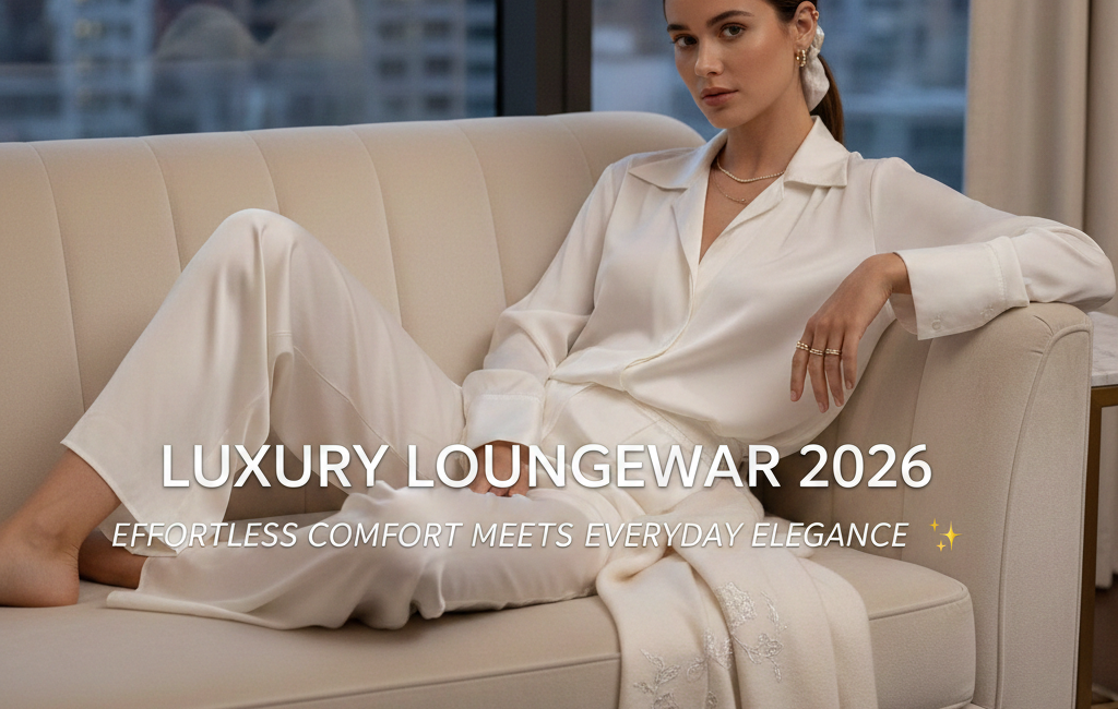 A woman in elegant cream silk pajamas reclining on a velvet sofa in a modern high-rise apartment with city views, featuring the text 'Luxury Loungewear 2026'.