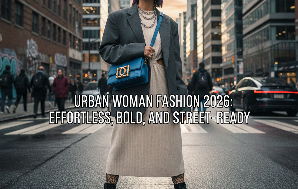A stylish woman standing in a city crosswalk wearing a neutral midi dress, oversized grey blazer, combat boots, and futuristic silver sunglasses, with the title text overlayed in the center.