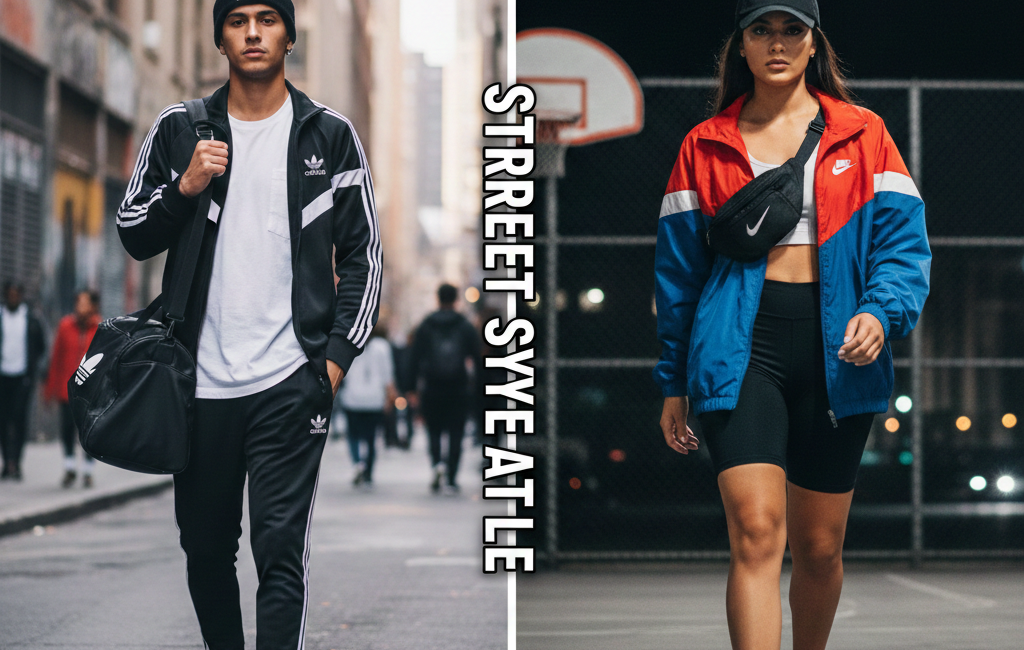 A split-screen image showing a man on the left in a black Adidas tracksuit and a woman on the right in a blue and red Nike windbreaker and sneakers. The text "Adidas or Nike – Which Dominates Street Style?" is displayed at the top.