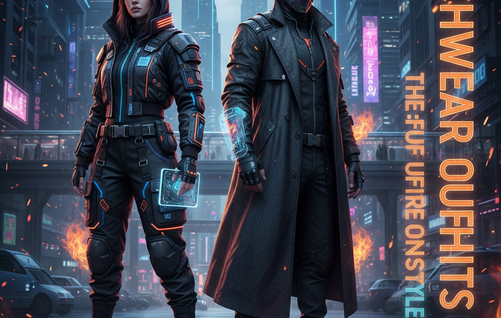 Two models in futuristic techwear outfits standing in a rainy cyberpunk city at night with neon signs and glowing orange titles.