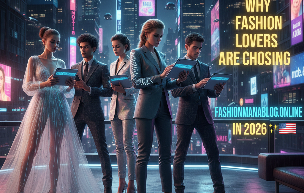 A high-fashion scene featuring three stylish models walking in a futuristic 2026 city setting with glowing neon accents. On the right, bold text reads "Why Fashion Lovers Are Choosing FashionManiaBlog.online in 2026" accompanied by stars, dress, and American flag emojis.