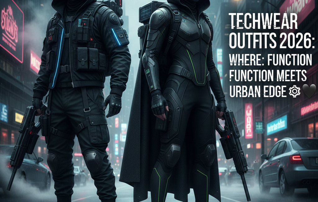 Two people wearing futuristic black techwear outfits with hoods and tactical gear standing in a rainy, neon-lit cyberpunk city street in 2026.