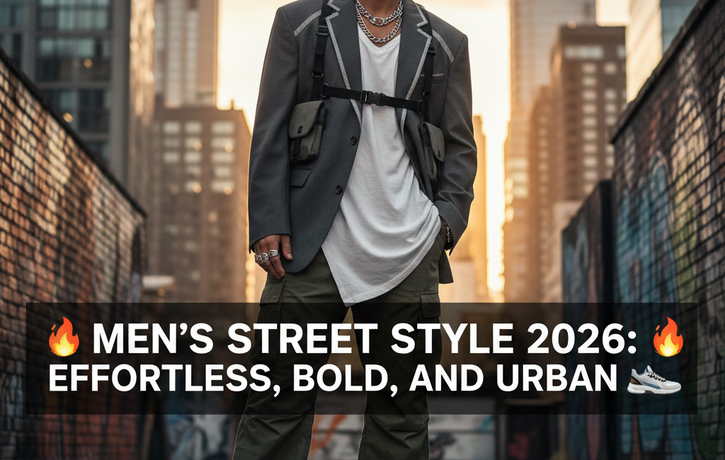 A man wearing a futuristic 2026 urban outfit featuring a grey tactical blazer, oversized white shirt, olive cargo pants, and glowing sneakers in a city alleyway at sunset.