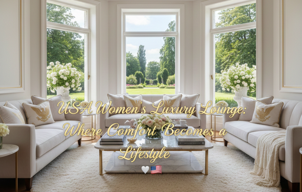 A bright, high-end luxury lounge with cream-colored sofas, gold accents, and a marble coffee table. Large windows overlook a lush green garden. The text "USA Women’s Luxury Lounge: Where Comfort Becomes a Lifestyle" is centered in gold script.