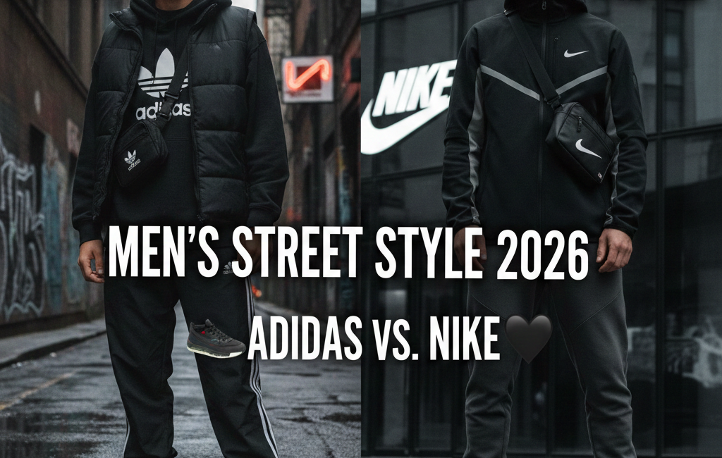 A split-screen comparison of 2026 men's street style. The left side shows a man in an Adidas black puffer vest and tracksuit with green-accented sneakers. The right side shows a man in a Nike Tech Fleece zip-up and grey joggers with red-accented sneakers. The text "MEN'S STREET STYLE 2026" is centered.