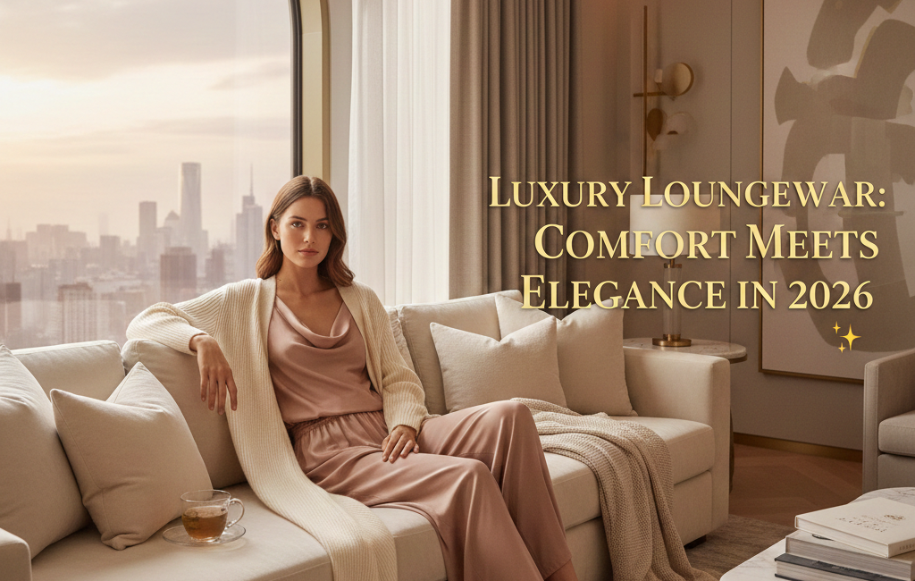 A woman in silk and cashmere loungewear sitting on a cream sofa in a high-end penthouse overlooking a city at sunset.