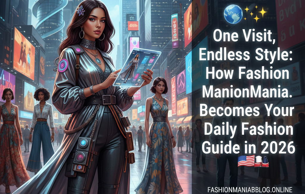 A futuristic street scene in 2026 showing a stylish woman using a digital tablet to browse fashion trends, with text overlay "One Visit, Endless Style" for FashionManiaBlog.online.