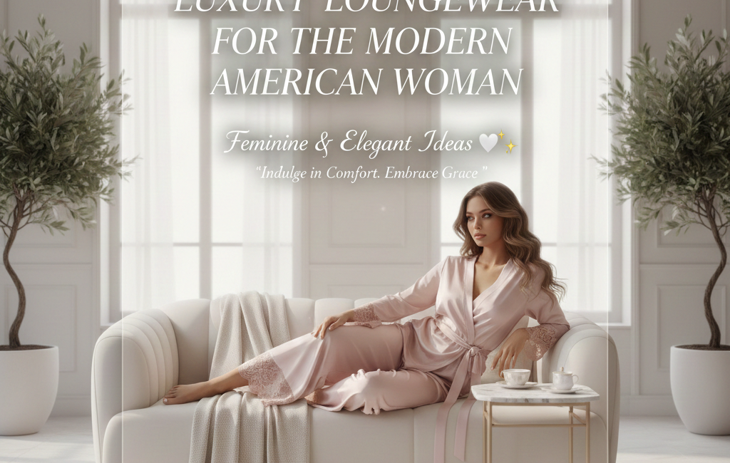 An elegant woman in silk blush-pink loungewear reclining on a cream sofa in a bright, minimalist sunlit room with the title "Luxury Loungewear for the Modern American Woman."