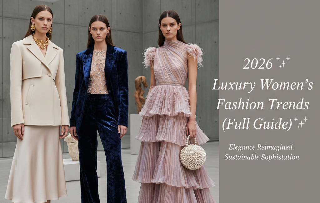 Three fashion models in a modern gallery showcasing 2026 luxury trends: an ivory structured coat, a deep blue velvet suit, and a tiered dusty rose ruffled gown.