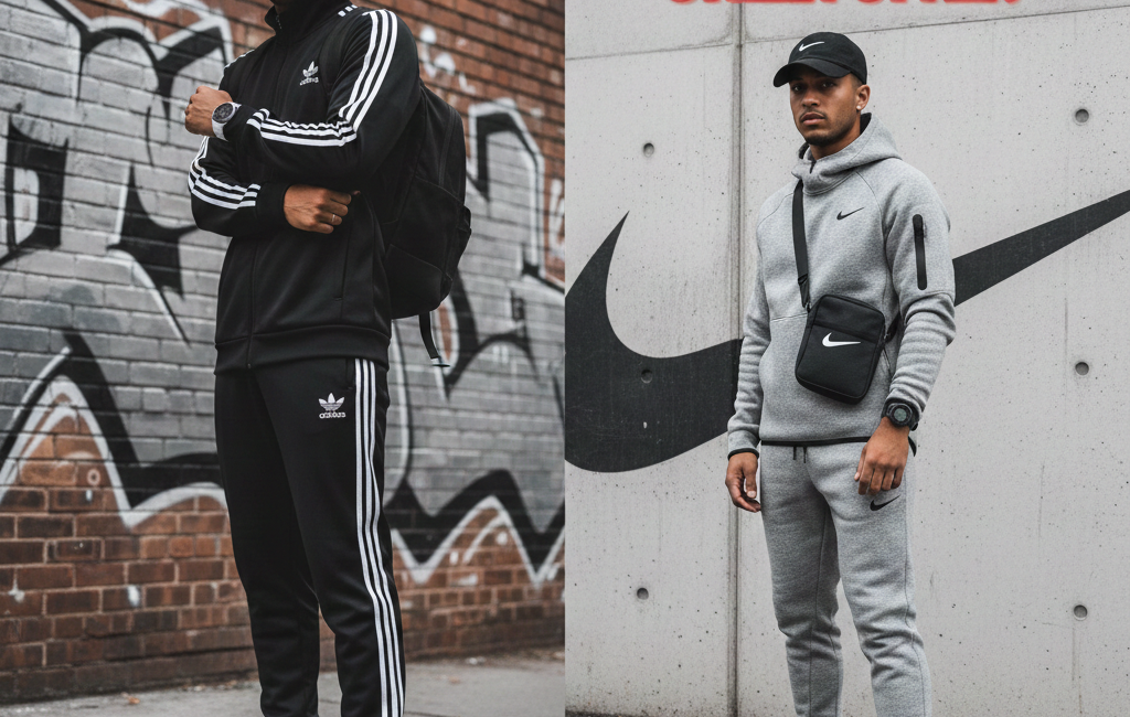 A split-screen comparison of two men in street style outfits. On the left, a man wears a black Adidas tracksuit with white stripes and white shell-toe sneakers. On the right, a man wears a grey Nike tech fleece hoodie and joggers with black Nike sneakers.