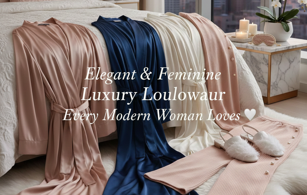 A selection of luxury silk and satin robes in rose gold, navy blue, and cream draped over a plush bed, featuring the text "Elegant & Feminine Luxury Loungewear Every Modern Woman Loves."