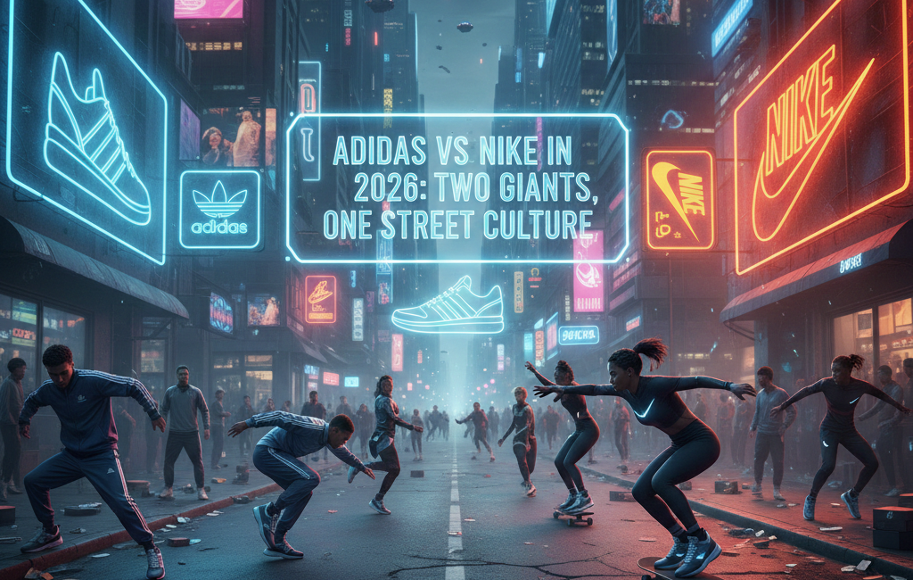 A futuristic city street featuring large neon signs of Adidas and Nike. In the center, a digital display reads "Adidas vs Nike in 2026: Two Giants, One Street Culture." People in stylish streetwear are seen skateboarding and walking in the foreground.