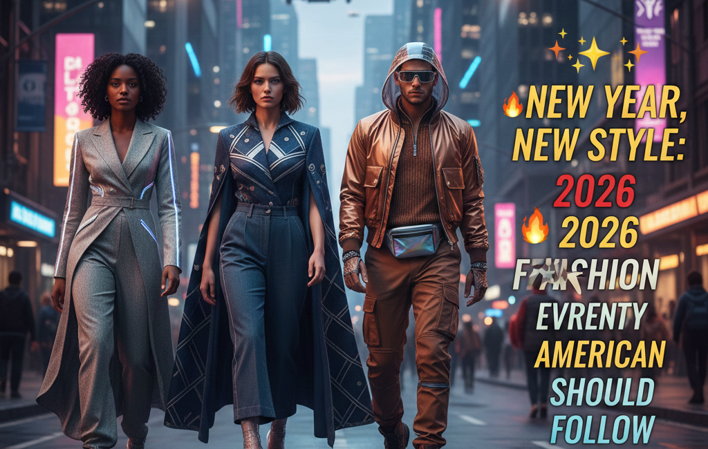 Three fashion models walking down a futuristic city street at dusk. They wear architectural, high-tech 2026 apparel including a structured grey jumpsuit with LED accents, a navy denim-inspired cape outfit, and a metallic bronze puffer jacket. Large text on the right reads "NEW YEAR, NEW STYLE: 2026 FASHION TRENDS EVERY AMERICAN SHOULD FOLLOW."