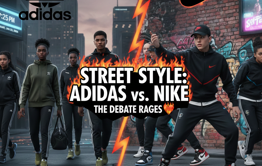 A split-screen digital illustration showing two groups of people in a city setting. On the left, people wear adidas tracksuits and sneakers under a flaming Trefoil logo. On the right, people wear Nike tech fleece and Jordans under a flaming Swoosh logo.