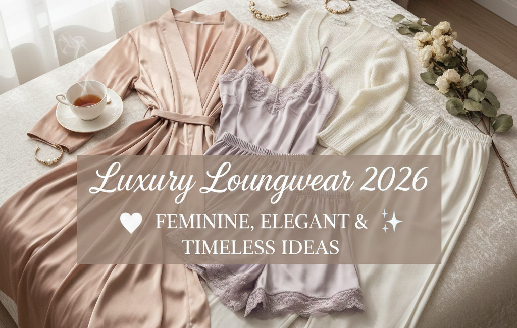 A flat-lay arrangement of elegant women's loungewear featuring a rose-gold silk robe, lavender lace-trimmed camisole set, and cream knit trousers on a velvet bed. Text overlay reads: "Luxury Loungewear 2026: Feminine, Elegant & Timeless Ideas."