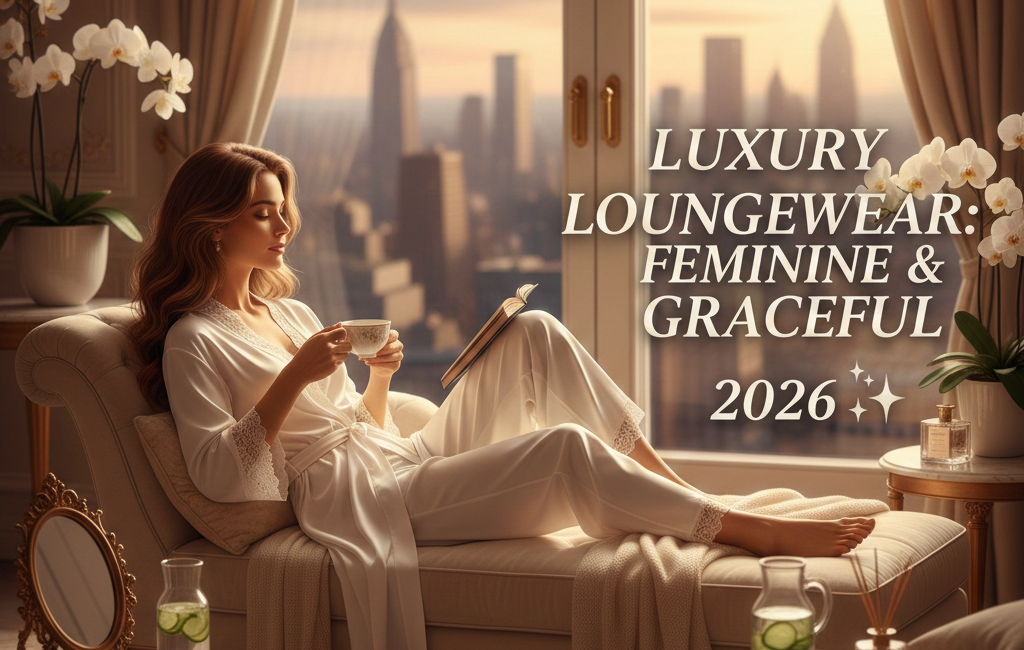 A woman in a white silk robe lounging on a chaise longue in a luxury penthouse, with "Luxury Loungewear: Feminine & Graceful 2026" text on the right.