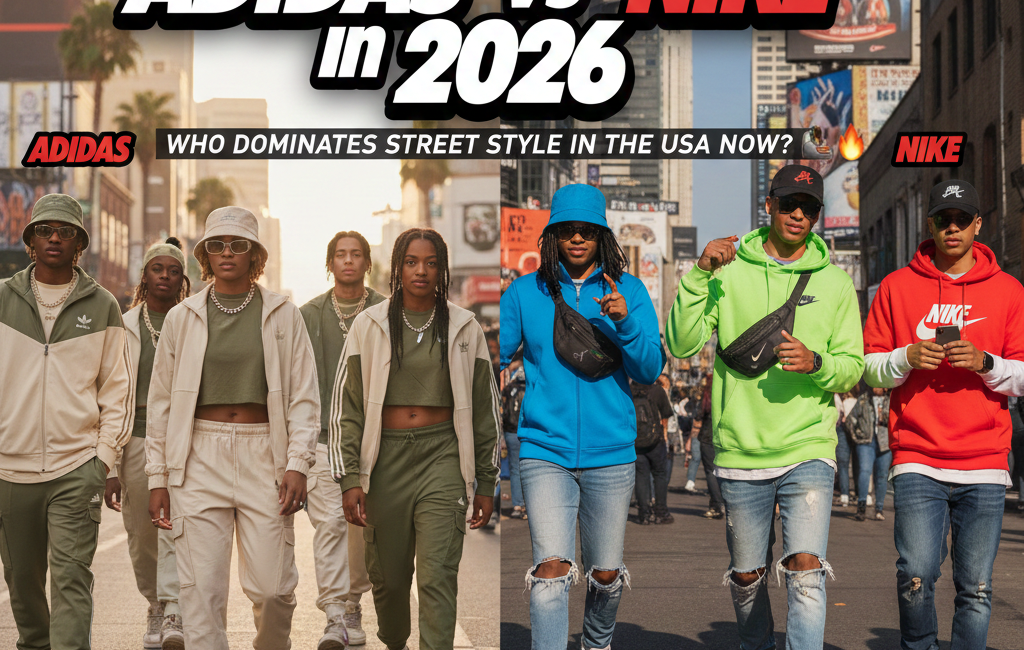 A split-screen comparison of 2026 street style in a sunny US city. The left side shows a group in earthy-toned Adidas Originals (olive and cream tracksuits) with slim-sole sneakers. The right side shows a group in vibrant Nike sportswear (neon green and red hoodies) with classic high-top sneakers.