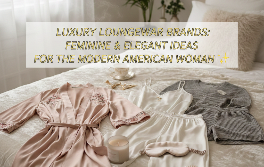 A chic collection of silk and knit loungewear laid out on a plush white bed, featuring a dusty rose silk robe, ivory pajama set, and grey knit shorts with a centered gold title overlay.