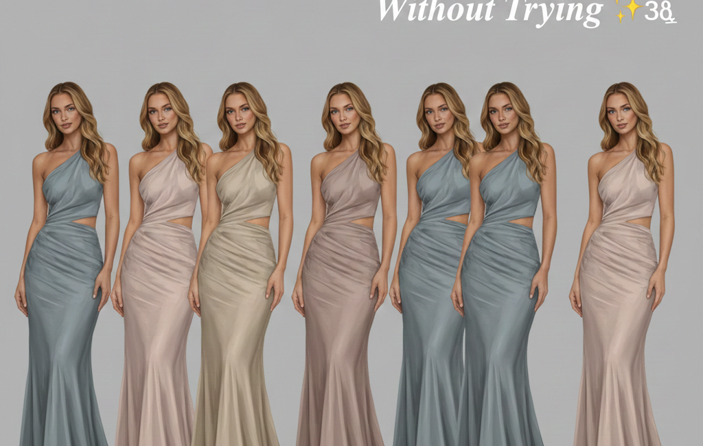 A lineup of seven elegant women modeling floor-length, one-shoulder evening gowns with side cut-outs in a palette of muted blue, champagne, and dusty rose. The text "Refined Silhouettes That Flatter Without Trying" is displayed on the upper right side.