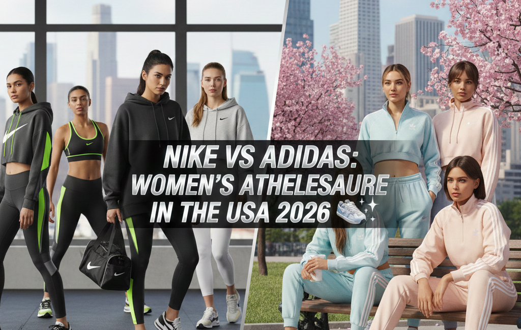 Split-screen image comparing 2026 women's athleisure: Nike performance gear in a city gym vs Adidas pastel lifestyle wear in a cherry blossom park.