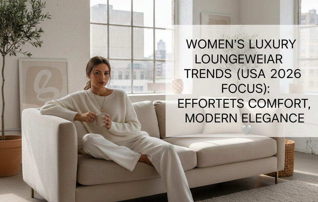 A woman in high-end ivory knit loungewear sitting on a beige sofa in a sunlit, minimalist room with large arched windows and a modern urban view.