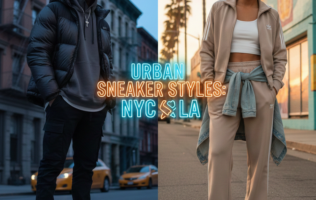 A split-screen image showing two urban fashion styles: on the left, a man in NYC wearing a black puffer jacket and Nike Air Force 1s; on the right, a woman in LA wearing a tan Adidas tracksuit and Yeezy sneakers. The text "URBAN SNEAKER STYLES: NYC vs LA" is centered.