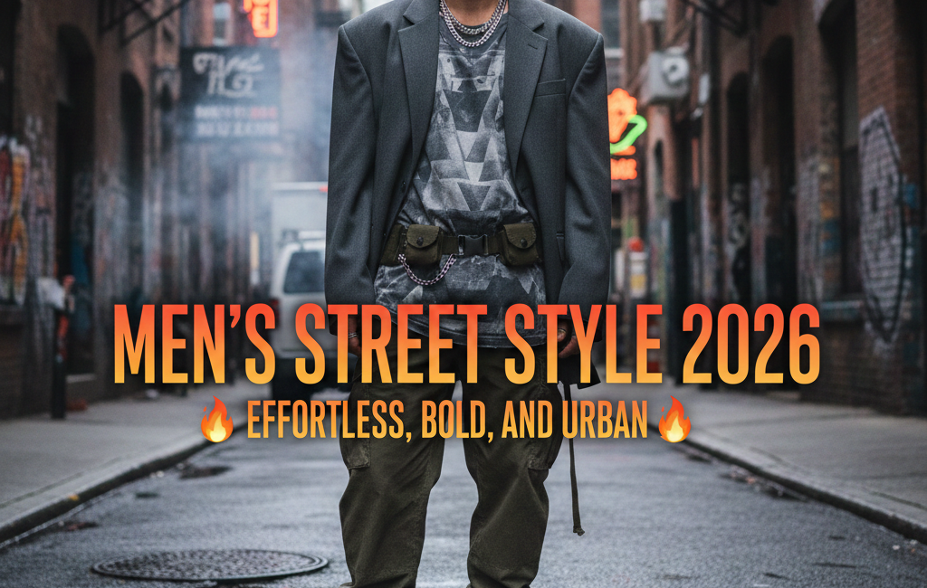 A man wearing a futuristic oversized blazer, utility cargo pants, and high-top sneakers standing in a gritty urban alleyway with the text "Men's Street Style 2026" centered over the image.