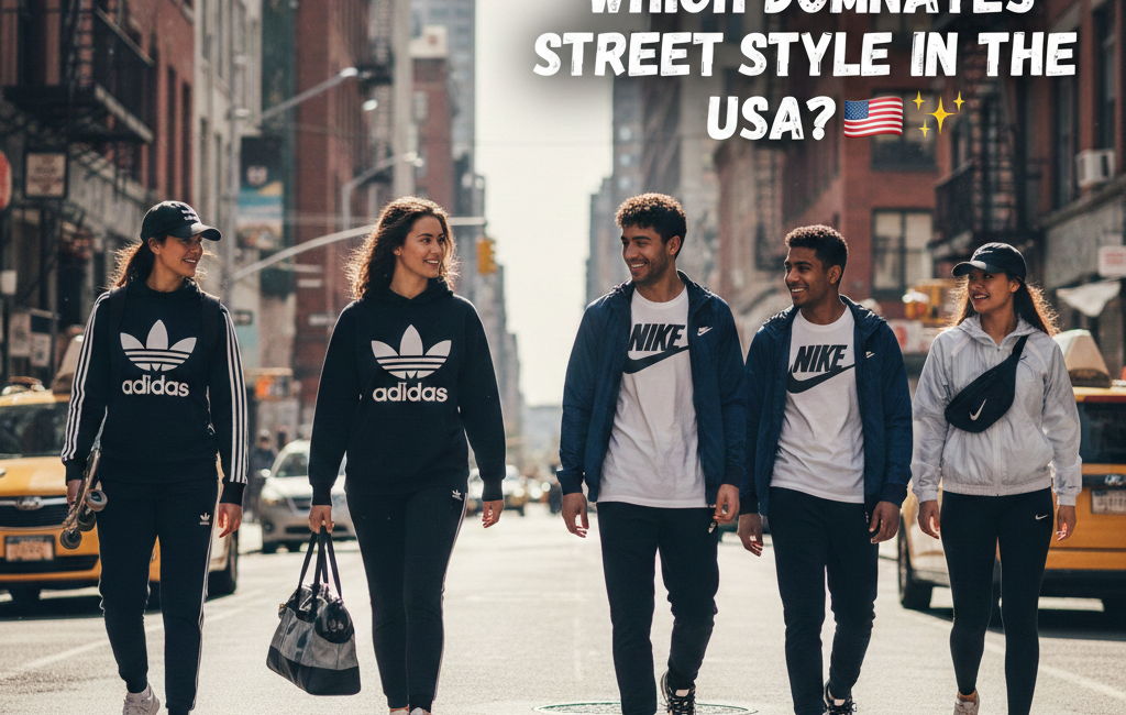 A group of five young adults walking down a sunny New York City street, half wearing Adidas Originals apparel and the other half wearing Nike sportswear. A title on the right reads "ADIDAS OR NIKE – WHICH DOMINATES STREET STYLE IN THE USA? 👟🇺🇸✨"