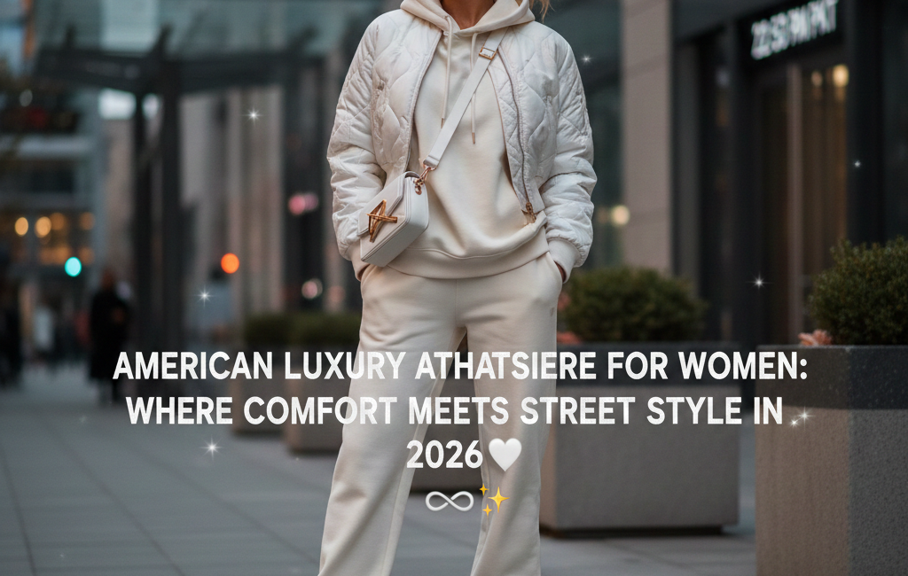 A stylish woman in a premium cream-colored quilted bomber jacket and matching joggers standing on a modern city sidewalk. Bold white text in the center reads: "American Luxury Athleisure for Women: Where Comfort Meets Street Style in 2026."