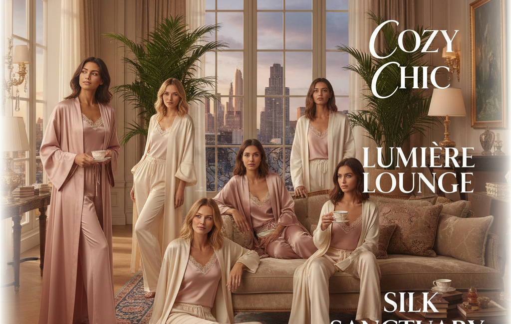Group of women wearing elegant silk and satin loungewear in a luxury penthouse overlooking a city skyline. Text on the right features brand names like Cozy Chic, Lumière Lounge, and Silk Sanctuary.