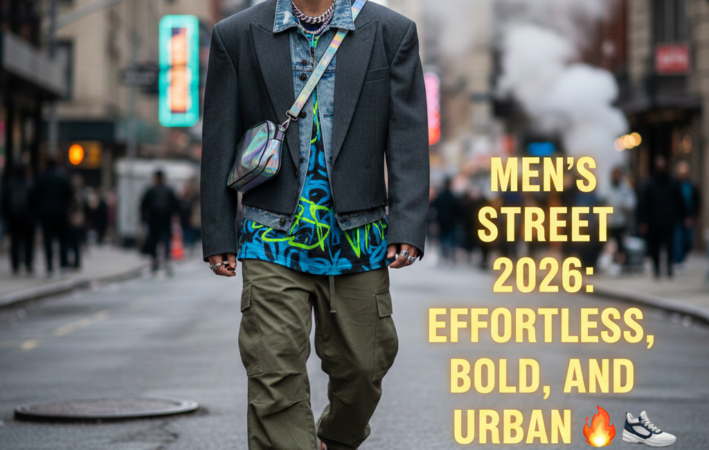 A stylish man walking down a city street wearing a layered 2026 fashion outfit including a cropped blazer, denim jacket, olive cargo pants, and chunky sneakers with text on the right.