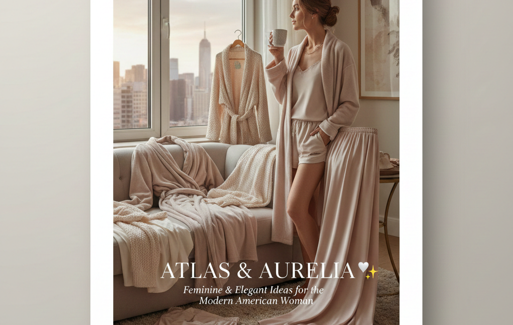 A woman in an elegant silk and knit loungewear set standing in a high-rise apartment overlooking a city skyline, featuring the text "Atlas & Aurelia: Feminine & Elegant Ideas for the Modern American Woman."