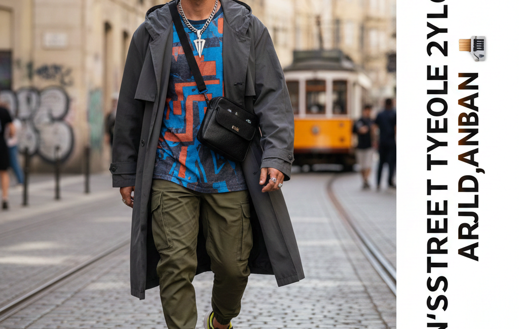 A stylish man walking down a European city street with a vintage tram in the background. He wears a long grey trench coat over a geometric graphic tee, olive cargo pants, and chunky tech sneakers. He has bleached hair, futuristic sunglasses, and a crossbody bag.