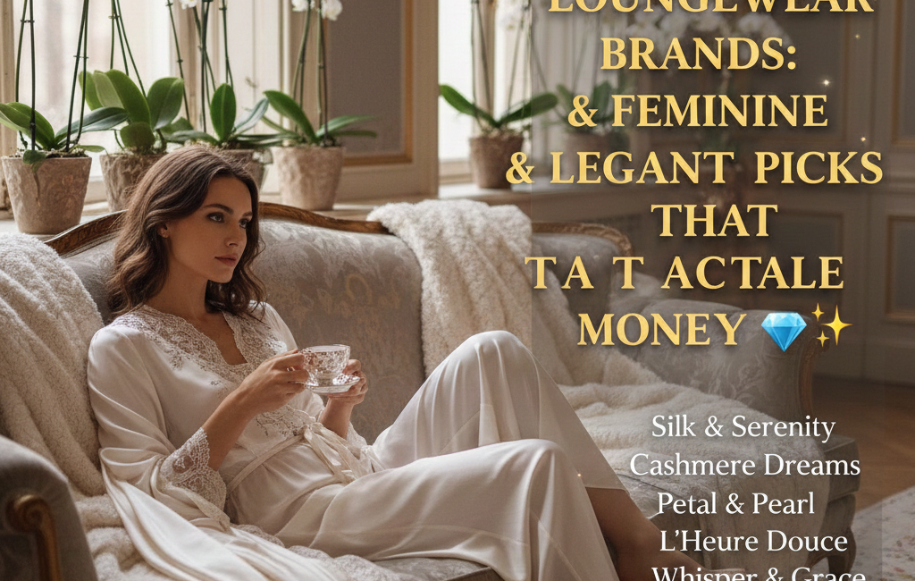 An elegant woman wearing white silk loungewear relaxes on a vintage sofa in a luxury suite, featuring brand name ideas on the right side.