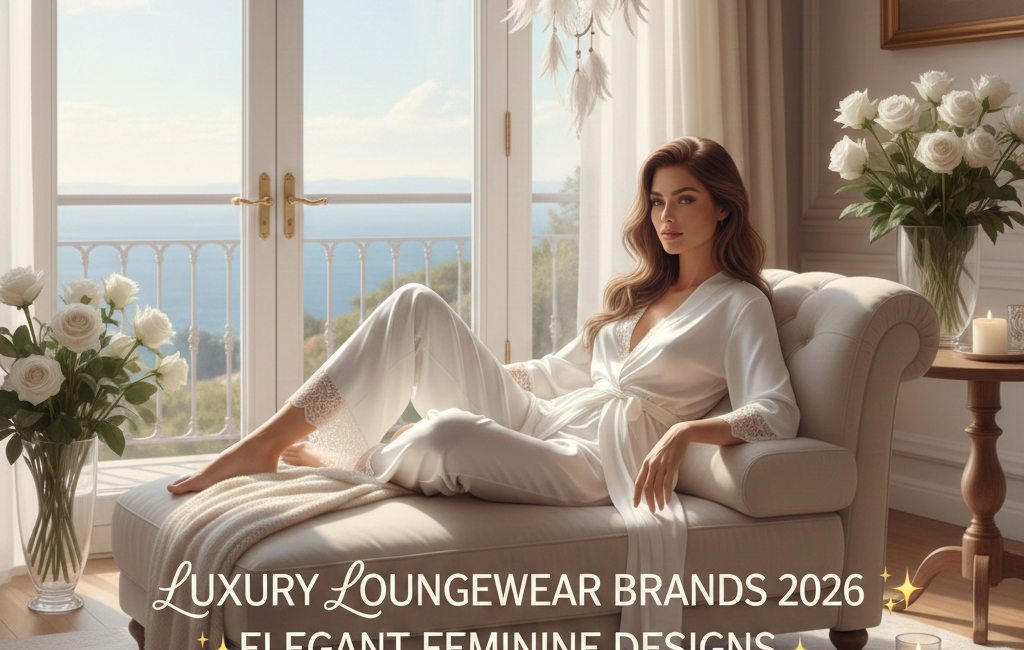 A woman in an elegant white silk robe and lace loungewear reclining on a cream chaise lounge in a sunlit room with ocean views and white roses.