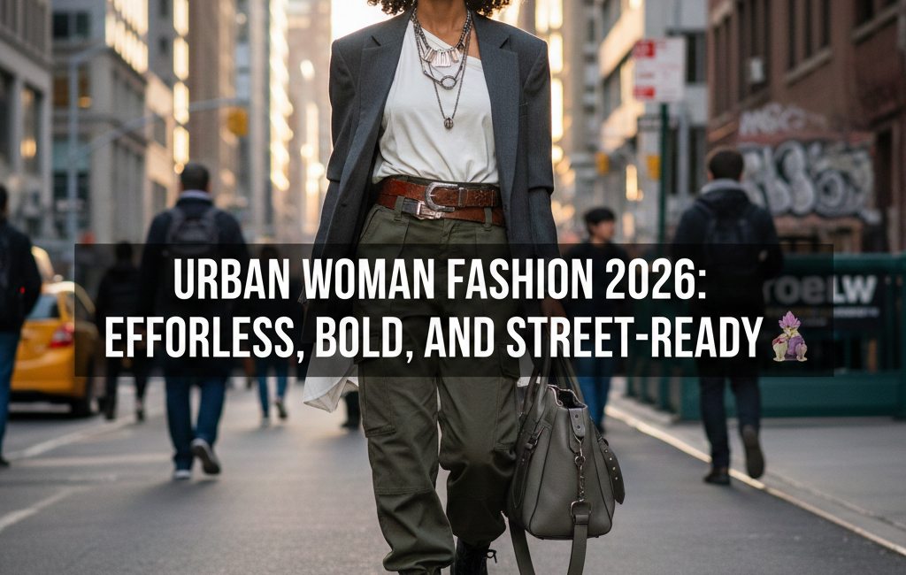A stylish woman walking down a busy city street wearing a modern 2026 urban outfit consisting of an oversized grey blazer, olive cargo pants, and black combat boots.