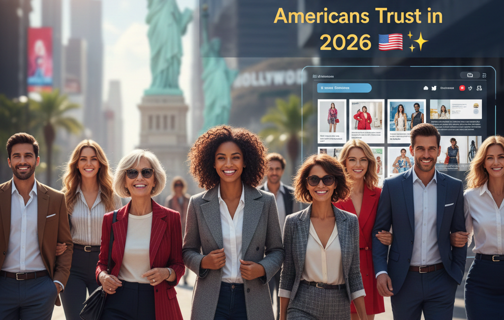 A diverse group of stylishly dressed Americans walking confidently in a modern city with the Statue of Liberty in the background, featuring the title "Why FashionManiaBlog.online Is the Smart Fashion Hub Americans Trust in 2026."